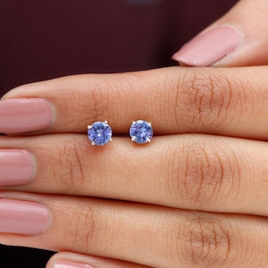1 Carat Round Cut Tanzanite Studs, 14k Solid Gold Tanzanite 5mm Round Studs Earrings For Men, Four Prong Setting Studs For Women Daily Wear