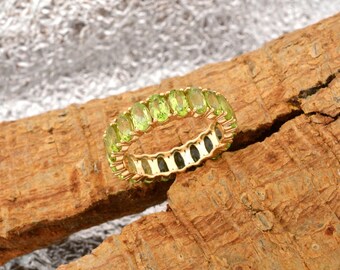 Vintage Oval Peridot Wedding Band Full Eternity Band Stacking Band, Straight Matching Wedding Band, Simple 14k Gold Anniversary Band Ring