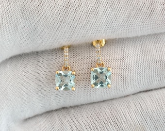 2 CTW 6mm Cushion Cut Natural Aquamarine & Diamond Stud Earrings in 14K Real Gold Gemstone Earrings, Engagement Earrings, Diamond Earrings