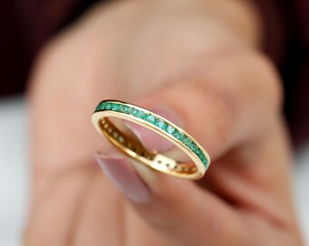 Anillo de esmeralda de 2 mm con corte redondo y engaste en canal, anillo de eternidad con esmeralda natural, alianza de boda con esmeralda en oro macizo de 14 k, anillos apilables con esmeralda
