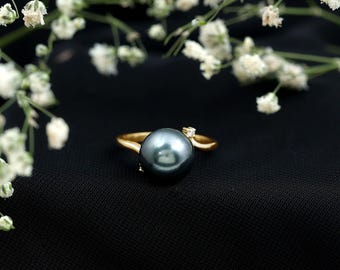 Tahitian Black Pearl Ring, 14k Gold Pearl Engagement Ring with Diamond Accent Ring, Natural Pearl Ring, AAA Quality Black Pearl Band Ring