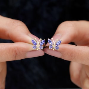 Blue Tanzanite Butterfly Studs Earrings, 14k Solid Gold Tanzanite marquise Round Animal Studs, 3X6mm Marquise 3mm Round Butterfly Earrings