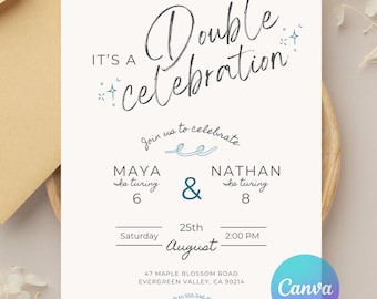 Invito di compleanno congiunto per festa di compleanno tra fratelli, invito per festa di compleanno congiunta, invito per compleanno tra gemelli, modello modificabile Canva per compleanno combinato