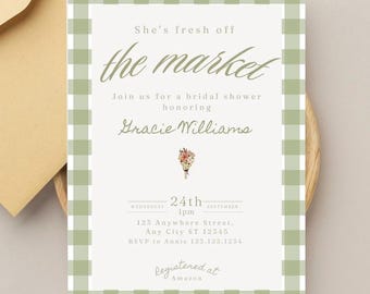 Fresh Off the Market Bridal Shower Invitation Template Farmer’s Market Wedding Shower Invitation She’s Off The Market Gingham Download