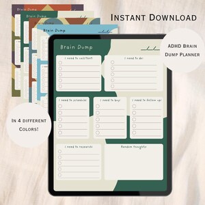 Op de afbeelding: Digitale ADHD Brain Dump planner in vier verschillende kleuren. De planner bevat secties voor takenlijsten, planning en onderzoek. De tekst "Instant Download" en "ADHD Brain Dump Planner" zijn zichtbaar.