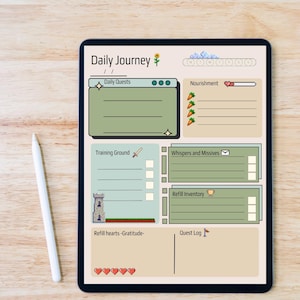 May include: A digital tablet showing a "Daily Journey" planner with sections for daily quests, nourishment, training, and a quest log. The planner has a light green and beige colour scheme with icons and text. A white stylus is on the left.
