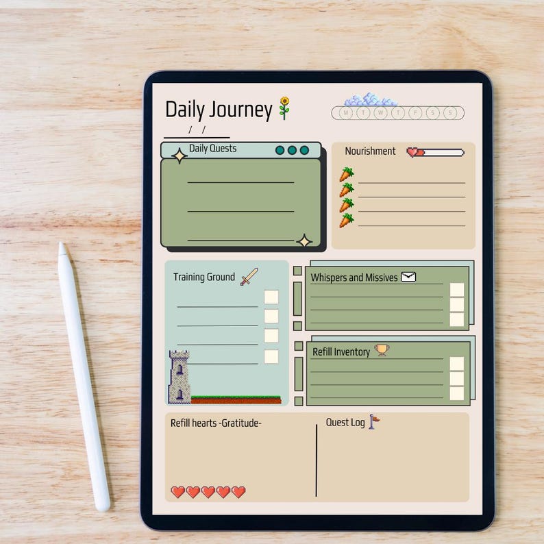 May include: A digital tablet showing a "Daily Journey" planner with sections for daily quests, nourishment, training, and a quest log. The planner has a light green and beige colour scheme with icons and text. A white stylus is on the left.
