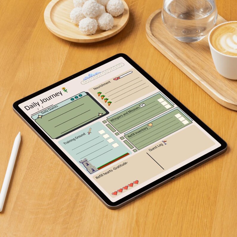 May include: A digital tablet showing a "Daily Journey" planner layout. The planner includes sections for daily quests, nourishment, training, and a quest log, with a stylus beside it. The design uses soft green and beige colours.