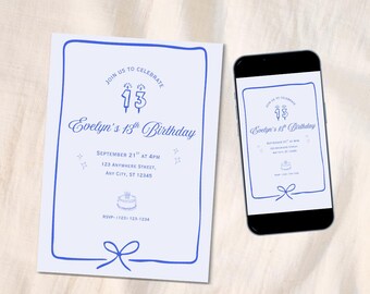 13e verjaardag uitnodiging sjabloon blauwe coquette strik uitnodiging dertiende uitnodiging 13e verjaardag meisje verjaardagsfeestje digitale download Canva