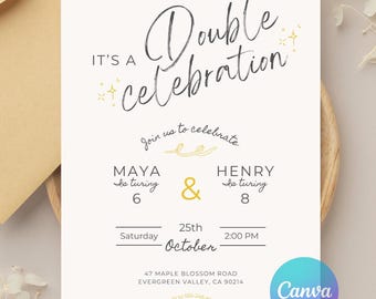 Joint Birthday Invitation Sibling Birthday Party Joint Birthday Party Invite Twin Birthday Invite Combined Birthday Editable Canva Template