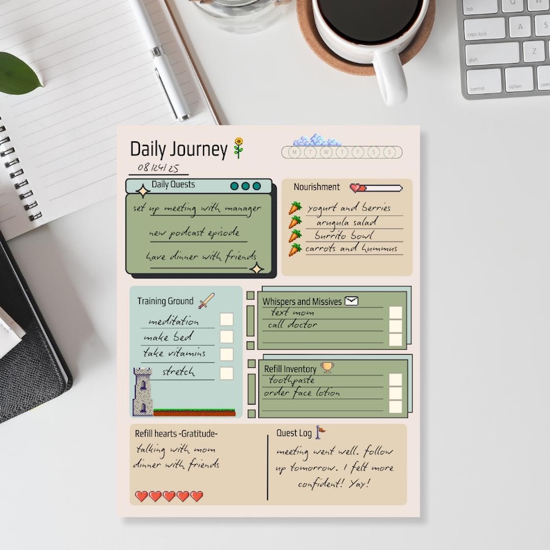 May include: A Daily Journey planner with sections for daily quests, nourishment, training ground, whispers and missives, refill inventory, refill hearts, and a quest log. The planner is on a white surface with a pen, keyboard, and coffee cup.