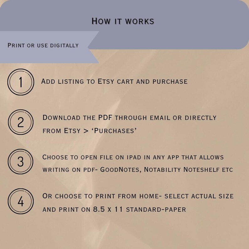 May include: A beige graphic with instructions on how to use a digital product. The text reads "How it Works" and includes steps to purchase, download, and use the product on an iPad or print on A4 standard paper.