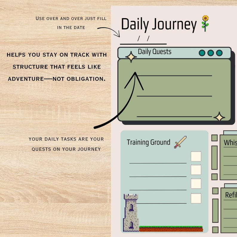 May include: A planner page with the words "Daily Journey" and "Daily Quests." The page has a light green background with a sunflower graphic. The text "Training Ground" is also visible, along with a sword graphic and a castle graphic.