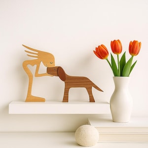 Original Wooden Sculpture of Woman with Dog – Hand Carved Wood Art, Rustic Home Decor, Unique Animal Lover Gift, Dog Mom Figurine