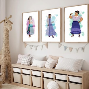 Princesses Sisters Wall Art – Set of 3 Watercolor Splash Prints for Nursery or Girls Room, Disney Wall Art for Kids Room