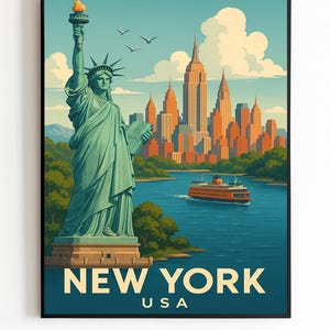 New York Travel Poster – USA Skyline Wall Art Print, Statue of Liberty Illustration, Vintage New York Decor, Digital Download