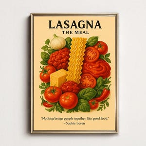 Lasagna Food Poster, Italian Kitchen Wall Art, Vintage Pasta Print, Sophia Loren Quote, Tomato Basil Garlic Decor, Lasagna Decor, Italian