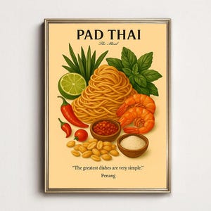 Pad Thai Poster, Vintage Pad Thai Wall Art, Thai Food Kitchen, Shrimp and Chili Decor, Asian Cuisine Artwork,Pad Thai Decor, Pad Thai Print