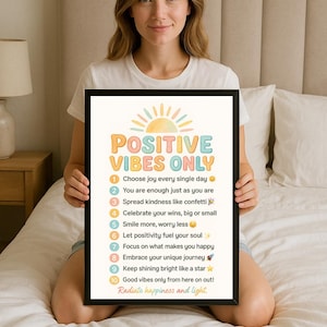 Positive Vibes Only Poster – Uplifting Rainbow Quote Art – Mental Health Affirmation Printable – Motivational Wall Decor - Positive Notes