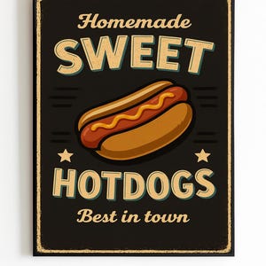 Hot Dog Retro Poster, Funny Diner Wall Art, Vintage Fast Food Illustration, Kitchen Cafe Decor, Sweet Hotdogs Print, Digital Download