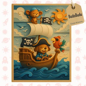 pirate dog wall art, cute pirate ship poster, kids room pirate decor, monkey and parrot print, nursey room decor, ocean pirate print, cutes