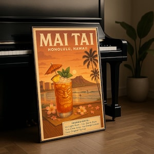 Mai Tai Cocktail Poster, Tiki Bar Decor, Honolulu Hawaii, Vintage Cocktail, Tropical Drink Wall Art, Retro Recipe Guide, Digital Download