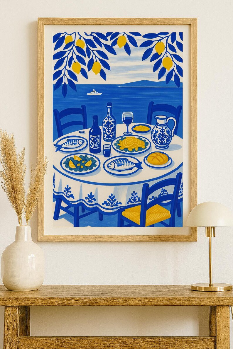 set of three mediterranean kitchen prints | framed... Mediterranean Coastal Meal Poster, Greek Island Food Wall Art, Lemon ...