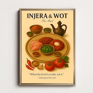 Injera and Wot Poster, Ethiopian Food Art, African Cuisine Home Decor, Traditional Print, Kitchen Style, Cultural Food, Ethiopian Decor