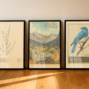 Nevada State Flower & Bird Poster Set of 3, Sagebrush Mountain Bluebird Prints, Great Basin Landscape Wall Art, Vintage Botanical Decor