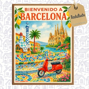 Barcelona Travel Poster - Spanien Wandkunst Druck, Illustration Poster, Haus & Büro Dekor, Gaudi Park Güell Poster, Sagrada Familia Druck