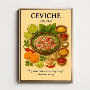 Póster de ceviche, arte mural de cocina peruana, regalo para amantes de los mariscos, impresión de cocina costera, ilustración gastronómica retro, decoración del hogar, moderno, tendencia