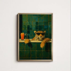 Leopard in Bathtub Digital Art Print, Funny Leopard Cat Poster, Quirky Bathroom Wall Art, Relaxing Spa Decor,Jungle Animal Painting