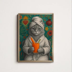 Arte mural de spa para gatos, decoración de baño original, impresión de gato en escala de grises con jugo de naranja, póster divertido para mascotas, día de spa relajante, descarga digital de gatos