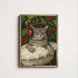 Cat Bathtub Poster, Vintage Cat Wall Art Print, Retro Animal Bathroom Decor, Relaxing Tabby Listening to Music for Kitchen & Living Room