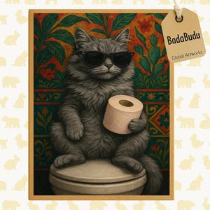 Cat Bathroom Poster, Grayscale Pet on Toilet, Funny Cat Wall Art with Toilet Paper, Folk Style Decor for Powder Room, Cat Digital Download