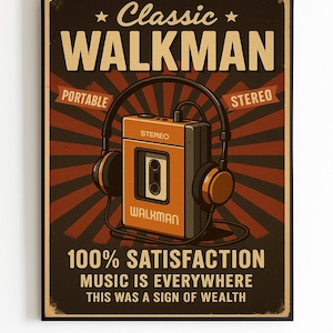 Classic Walkman Poster, 80s Portable Music Art, Retro Headphone Print, Vintage Stereo Wall Decor, Funny Music Gift, Digital Download
