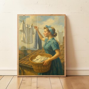Laundry Day Poster Vintage Wall Art Retro Housewife Painting Rustic Laundry Room Decor Clothesline Print Farmhouse Style Digital Download