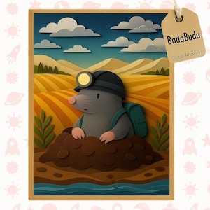 Curious Mole Poster, Whimsical Animal, Field Landscape Illustration, Gift for Kids, Mole with Headlamp, Nature Decor, Classroom Wall Print