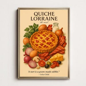 Poster Quiche Lotharingen, vintage Franse taartkunst, decor rustieke keuken, print brunchrecept, print ei, spek en kaas, poster Lotharingen