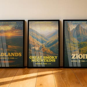 National Parks Poster Set of 3, Badlands Smoky Mountains Zion, Vintage Landscape Prints, WPA Style Nature Wall Art, Rustic Cabin Decor