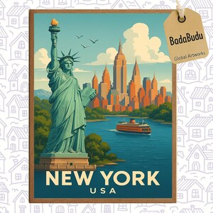 New York travel poster- USA, NYC poster, New York wall art city poster, statue of liberty decor, home decor, kitchen decor, modern poster