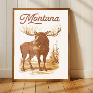 Montana Moose Poster, Retro Montana Print, Rustic Wildlife Wall Art, Vintage USA Travel Decor, Gift for Outdoorsy Friends, Cabin Lodge Style