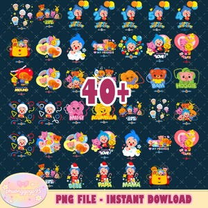 40+ Plim Plim images PNG Bundle, Design for kids, instant digital download, water background, and friends, circus, the clown and his friends