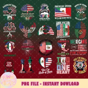 20+ American Mexican Roots PNG Bundle, USA Mexico Flag Heritage Clipart, Cultural Pride Digital Download, Sublimation Designs