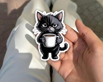 Funny Black Cat Coffee Sticker, Kawaii tired cat sticker, Grumpy Cat Holding Mug sticker, Cute Cat Lover Gift, Tired Cat Coffee sticker