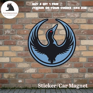 May include: A black and light blue sticker or car magnet featuring a stylized bird design with a red eye. The sticker has the text "Sticker/Car Magnet" at the bottom. The image also includes the text "BUY 5 GET 1 FREE STICKER OF YOUR CHOICE [2X2 SIZE]"