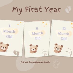 Tarjetas editables de hitos del bebé / Tema suave / Set de 12 meses / Plantilla Canva