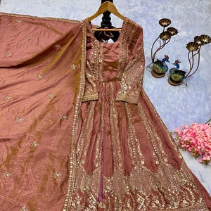 Designer Anarkali Gown Floral Dupatta Flared Gown Indian Wedding Dress Silk Gown Indian Dress Pakistani Gown Full Stitched Long Gown.