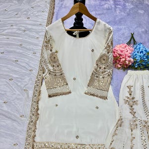 Pakistani Designer Readymade Georgette Kurta with Embroidery Work,Sharara and Dupatta Set,Beautiful 3 piece Partywear/Wedding Salwar kameez