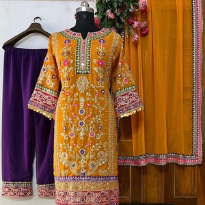 Pakistani Designer Readymade Chinon Silk Kurta with Embroidery Work, palazzo Set, Beautiful 3 piece Partywear/Wedding Salwar kameez.